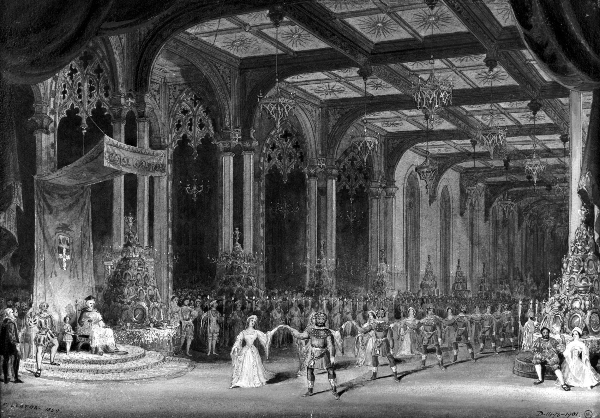drawing of scenery and props in Henry VIII, F. Lloyds, 1851-1859