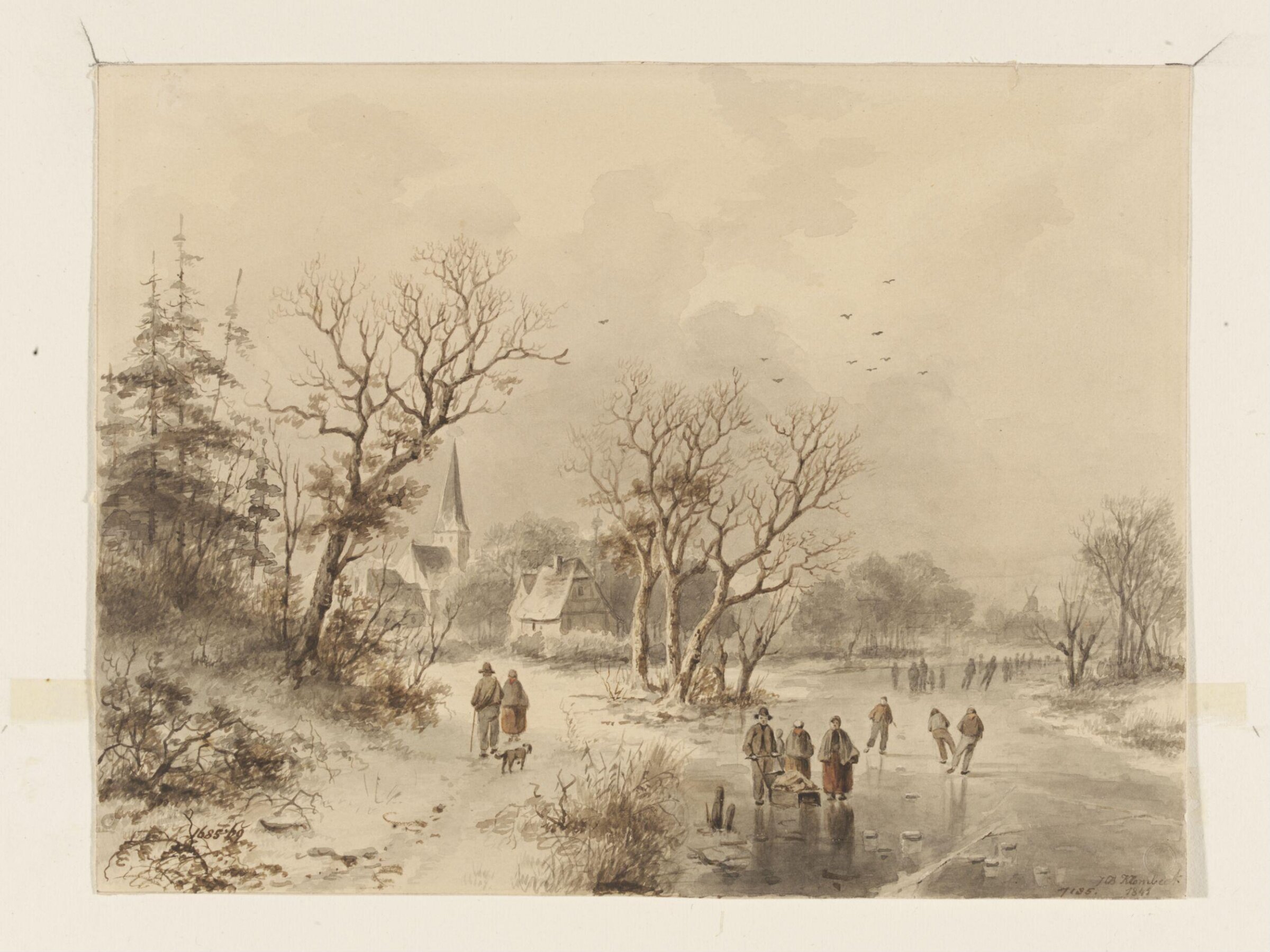 Winter Landscape in Germany with Figures Skating on a Frozen River Near a Village, Johann Bernard Klombeck, 1845