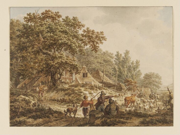 Herdsmen and Their Flocks Before a Dutch Farmstead Among Trees top image