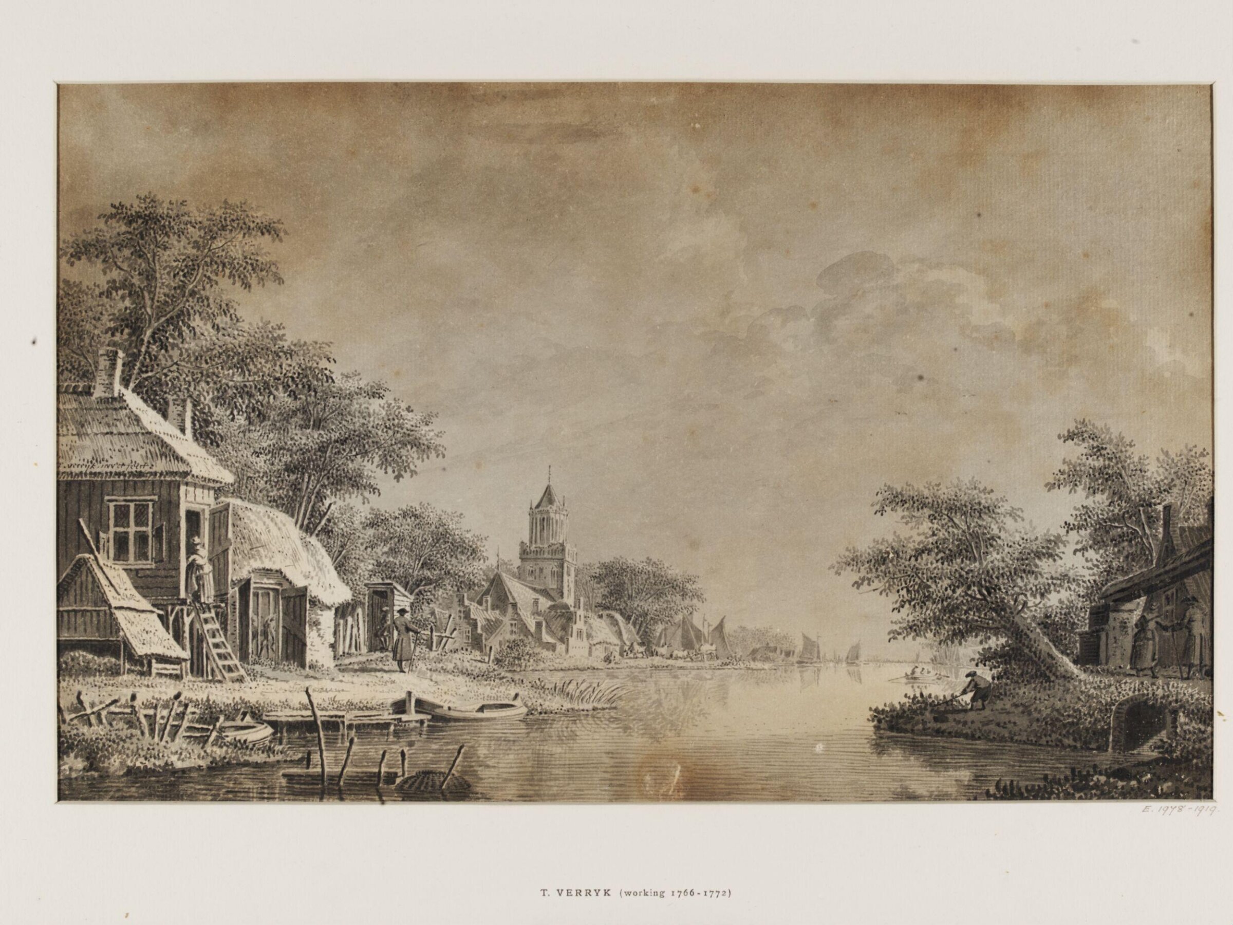 Riverscape with peasant cottages on either side and a village church in the left distance, Theodor Verryck, 18th century