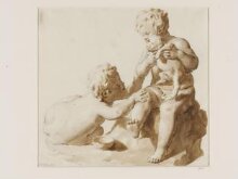 Two naked children playing with a puppy thumbnail 1