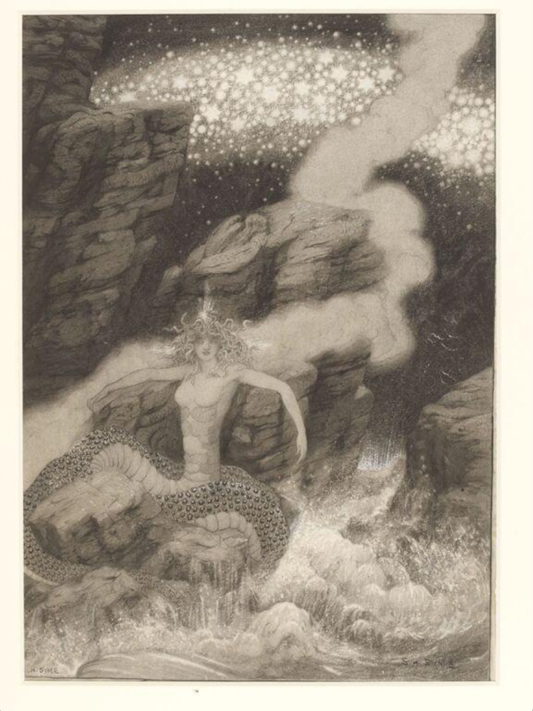 A Female sea-monster, seated on rocks at the entrance to a cavern, Sidney H. Sime, 1890-1910