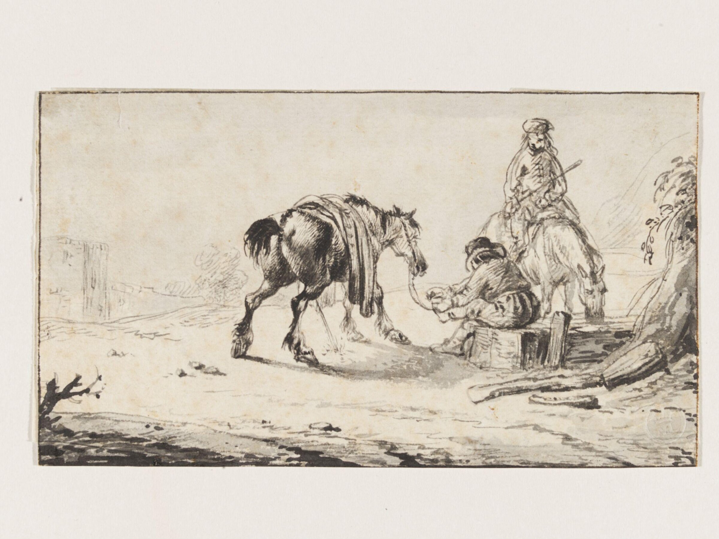 Two Riders with Horses at a Water Trough, Pieter Cornelisz. Verbeeck, 17th century