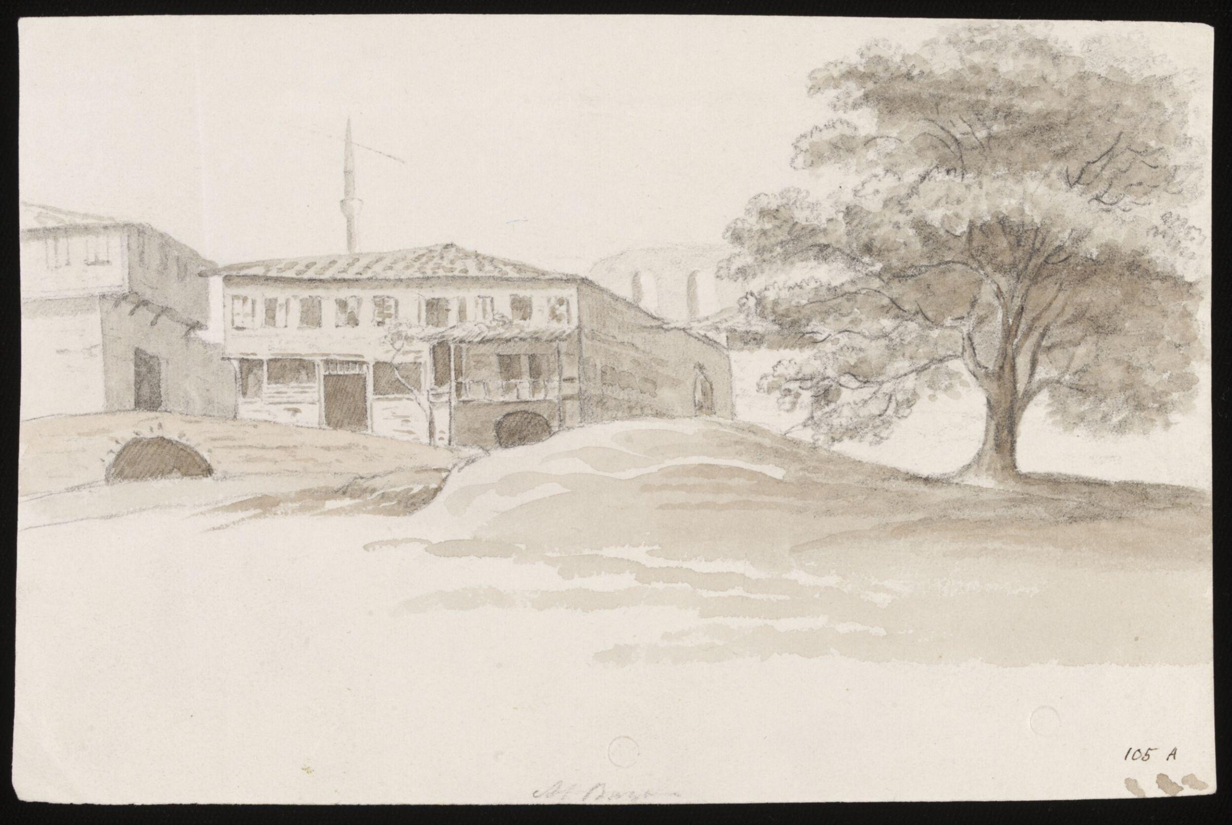 A view of a dilapidated buiding in Istanbul, with the Aqueduct of Valens in the background, David Richard Morier, 1808-1812.