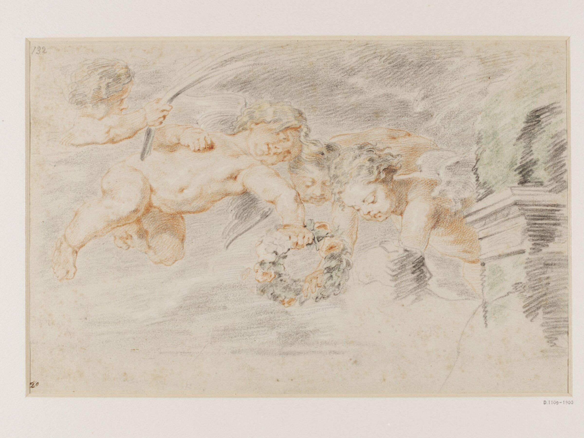 Three Angels Holding a Crown with Roses and a Fourth Holding Palm Fronds, copy after Peter Paul Rubens, 18th century