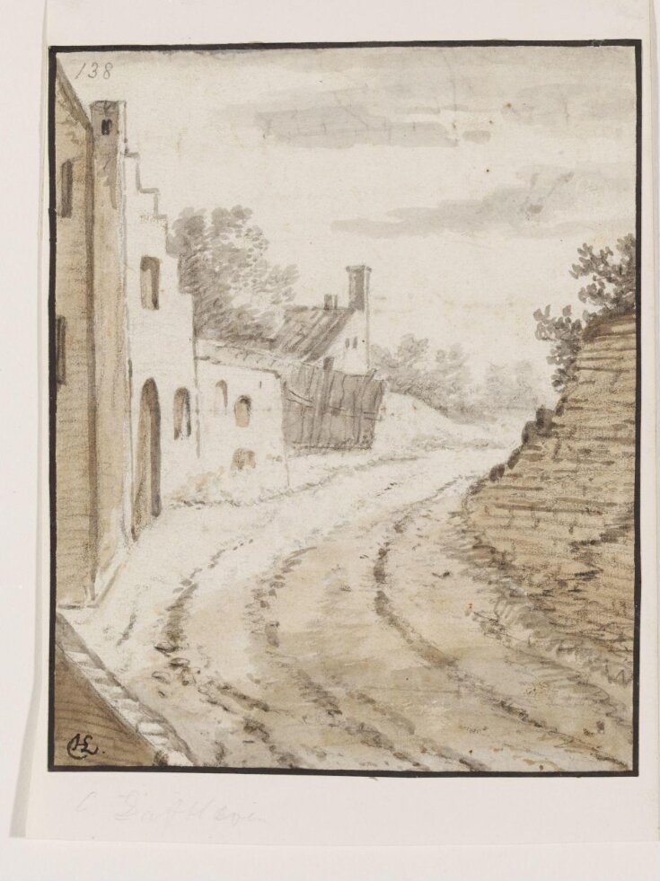 Village street with buildings on the left and crumbling wall on the right top image