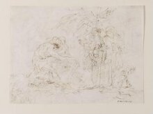 A group of four men watching three others raising a slab (recto); 'Death giving audience' (verso) thumbnail 1