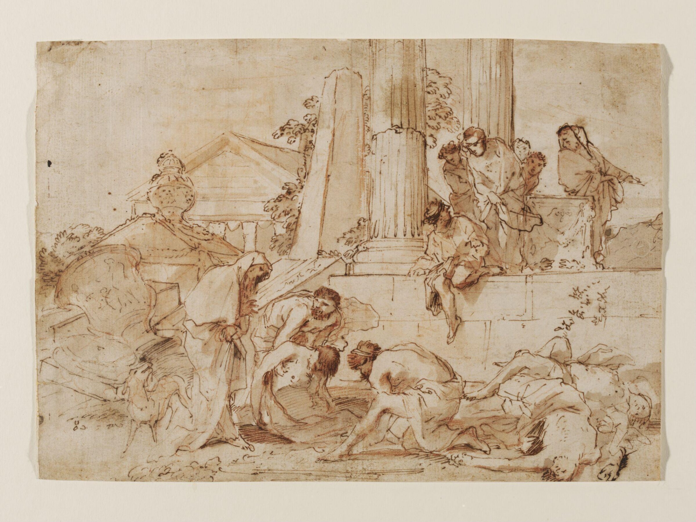 Tobit burying the dead outside the walls of Nineveh, Andrea de Leone, 1648
