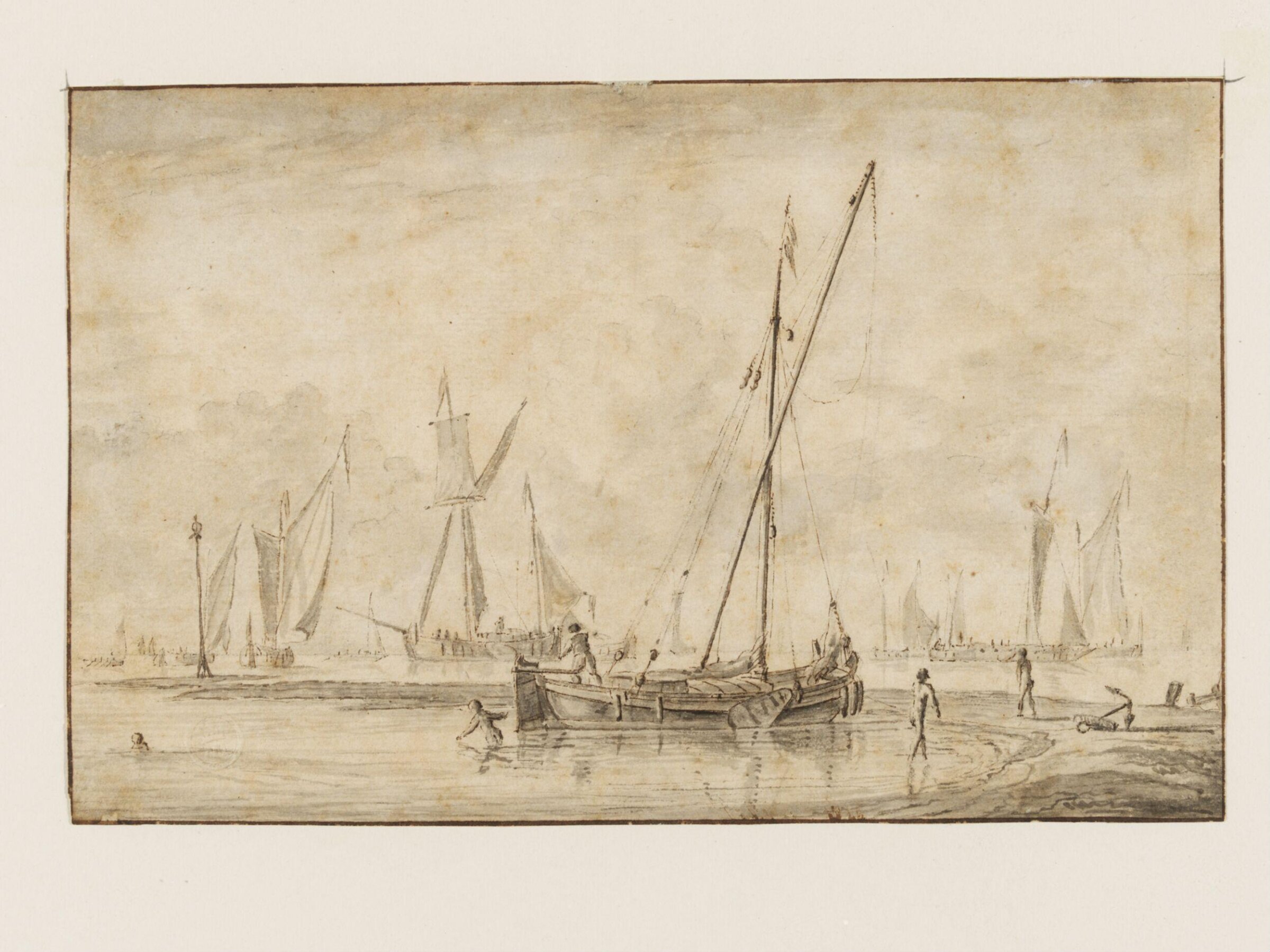Ships at anchor near a spit with a beacon and figures bathing, Abraham Storck, 1690