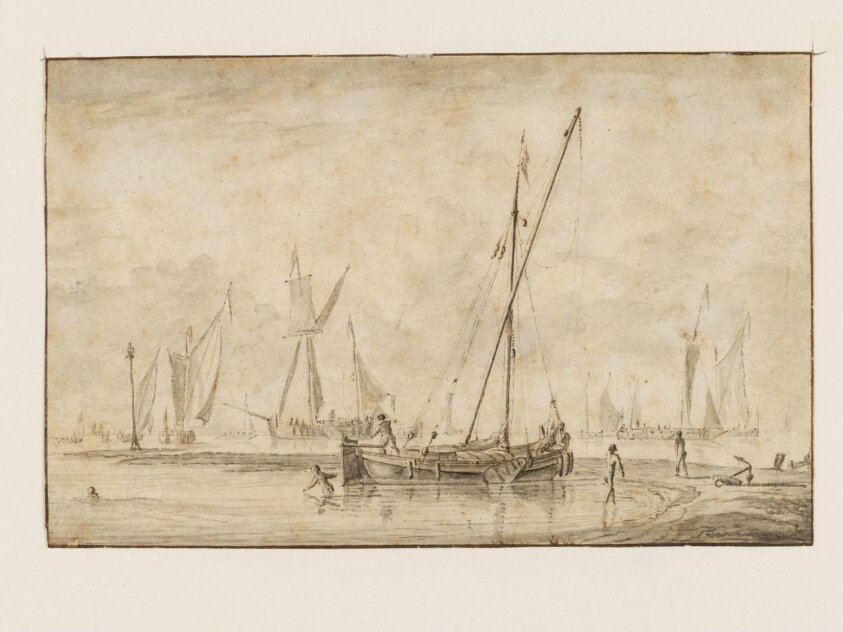 Ships at anchor near a spit with a beacon and figures bathing (1690) by Jacobus Storck