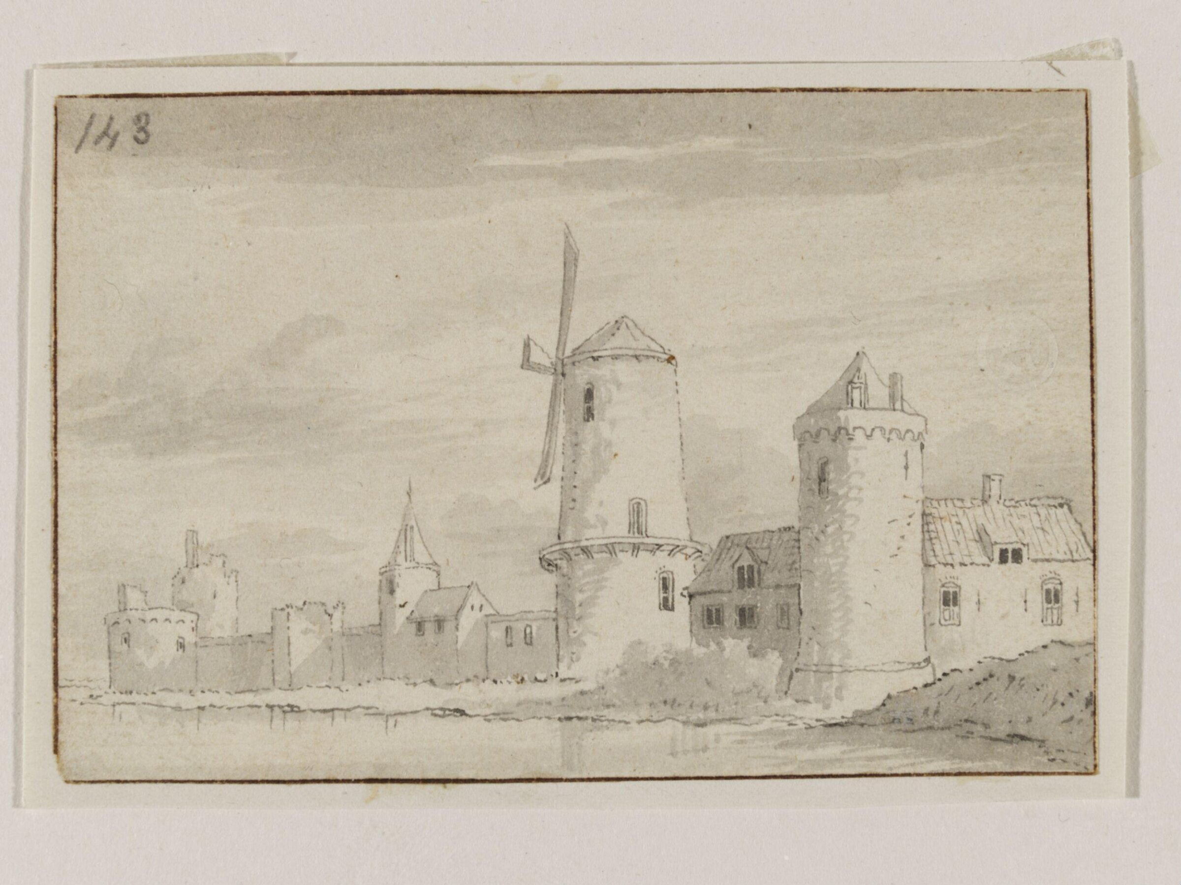 View of Gennep, looking southeast across the river Niers, at the ruins of Lonenstein Castle and the windmill, Louis Philippus Serrurier, 18th century