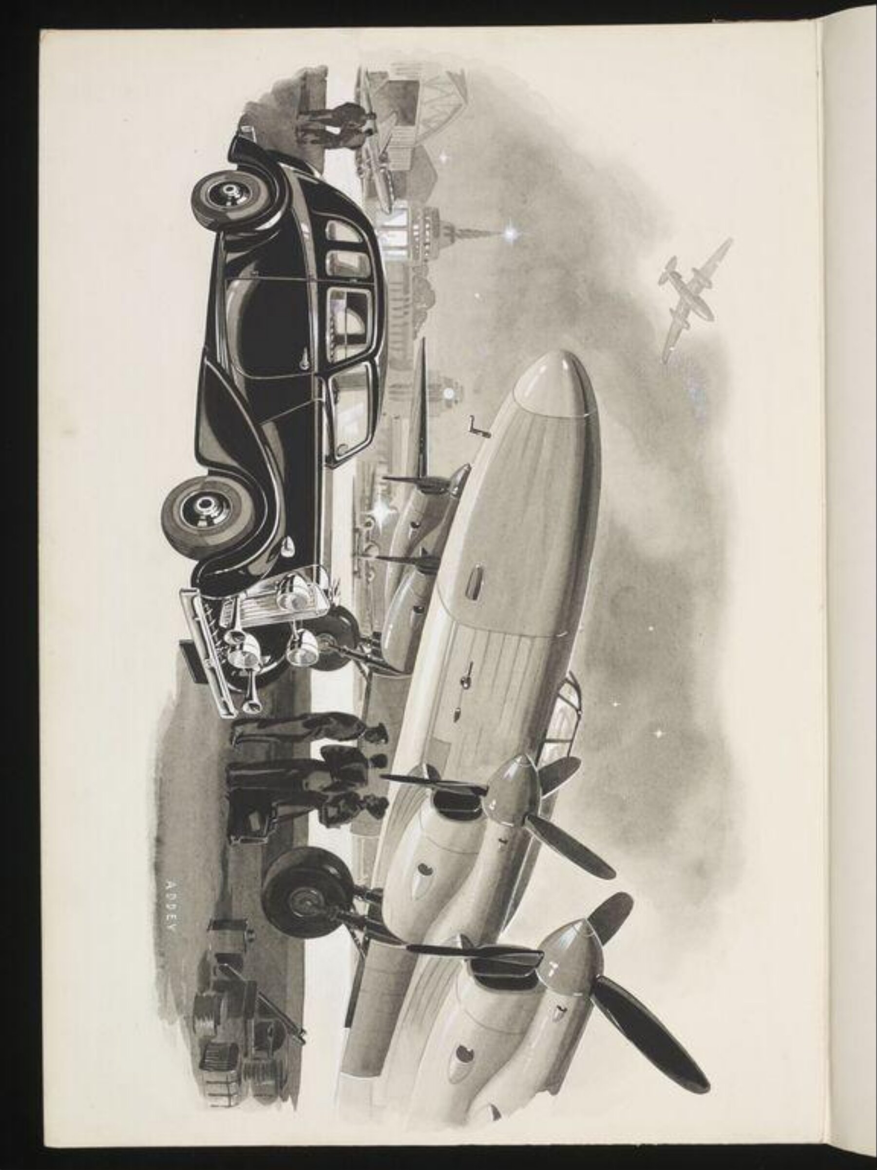 A Car in front of a plane at an airport, Wilfrid R. Addey, 1940s