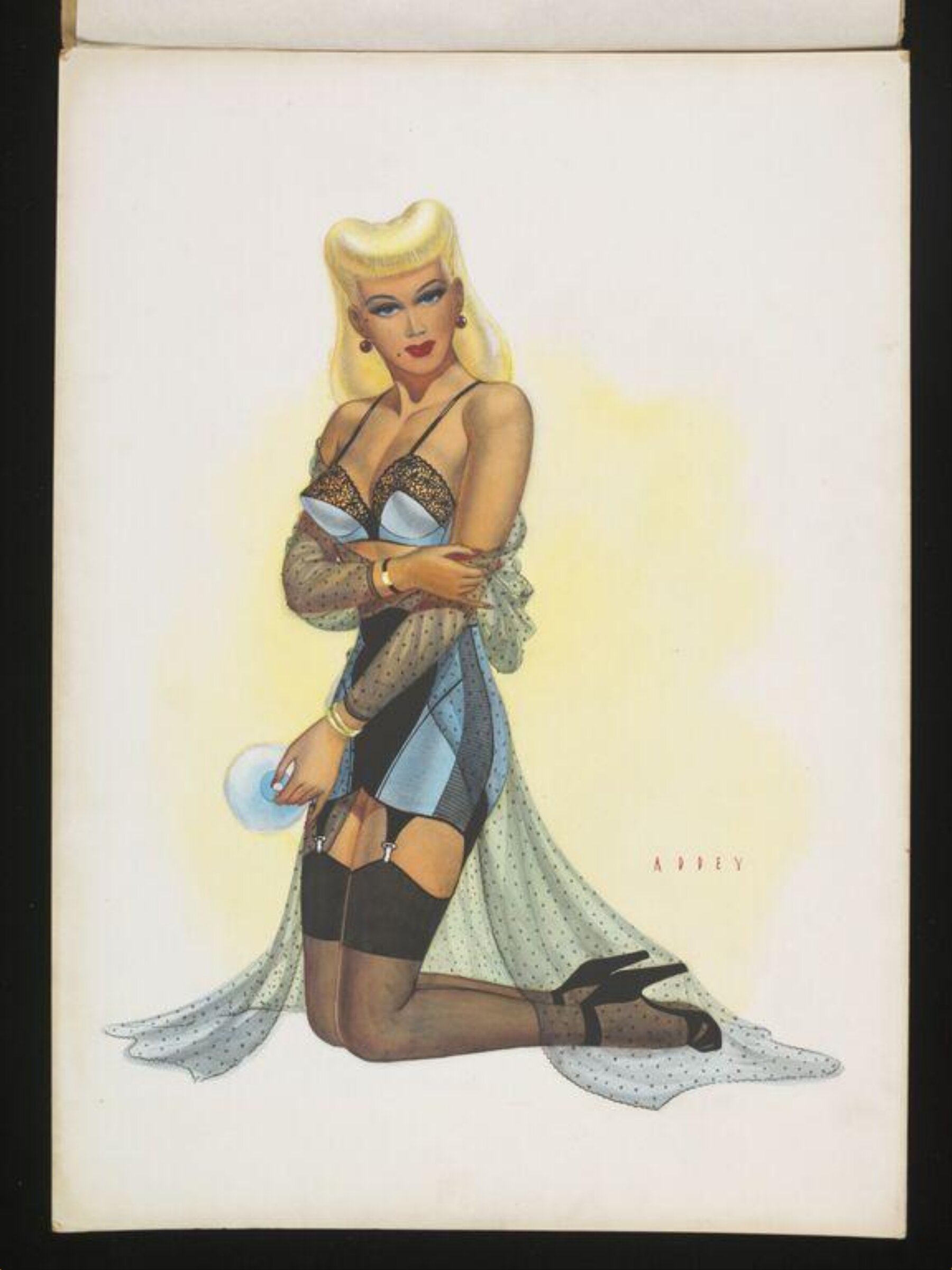 'Pin-up' girl wearing a slip, stockings and suspenders, Wilfrid R. Addey, late 1940s