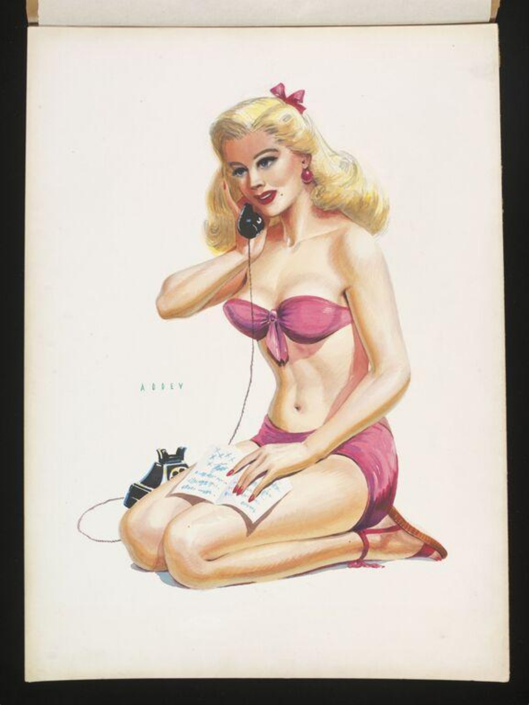 'Pin-up' girl speaking on the telephone with a letter in her hand, Wilfrid R. Addey, 1940s