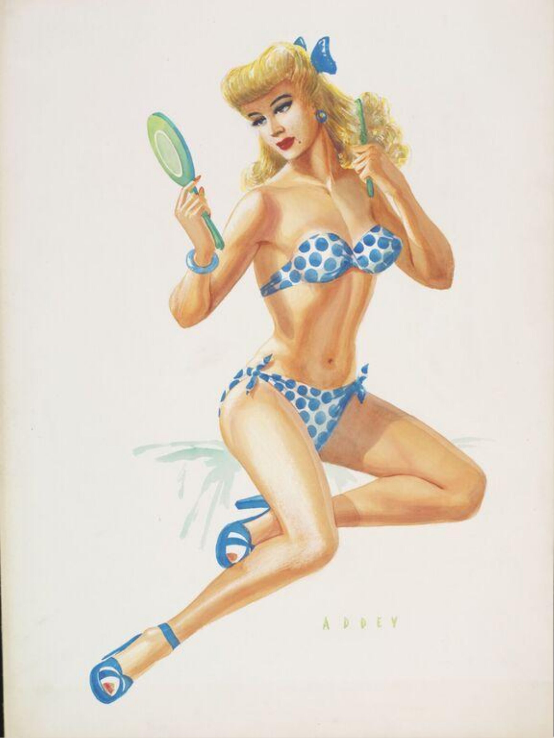 'Pin-up' girl wearing a bikini and brushing her hair, Wilfrid R. Addey, late 1940s