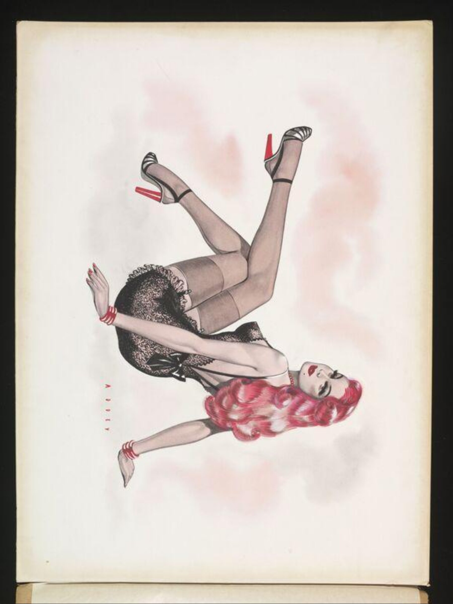'Pin-up' girl with pink hair wearing a black lace slip, Wilfrid R. Addey, late 1940s