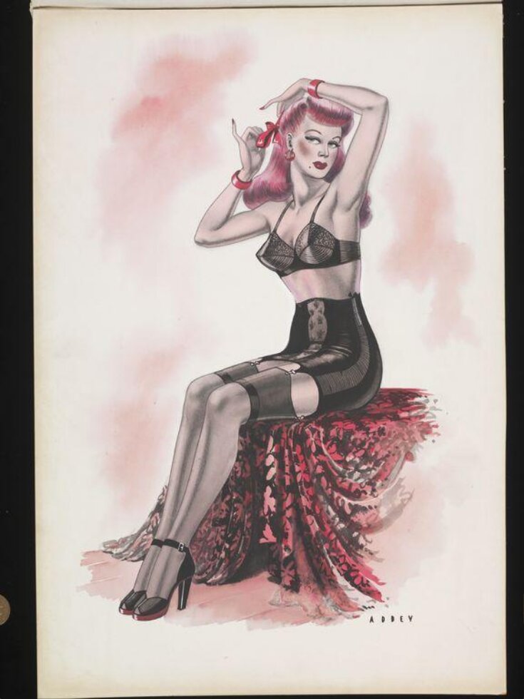 'Pin-up' with pink hair in brassiere, corset and black stockings top image