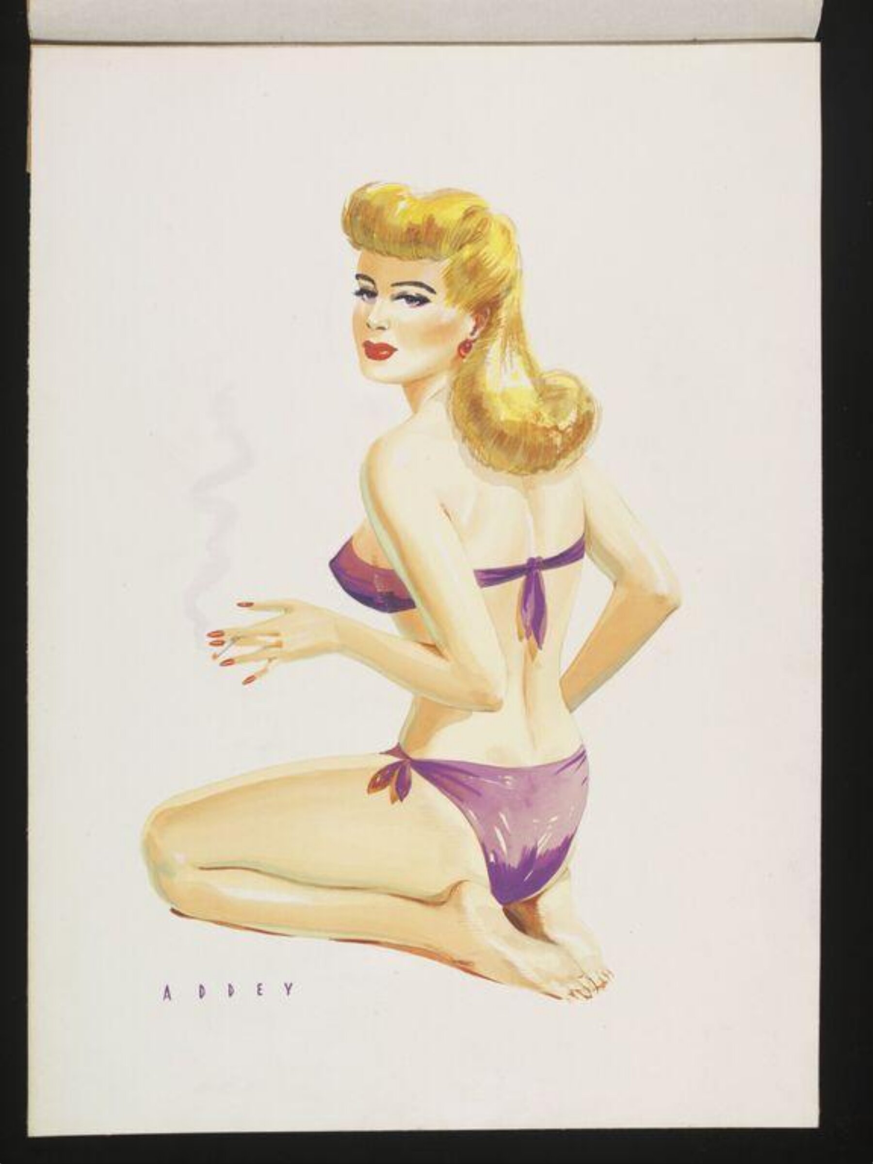 'Pin-up' wearing a purple bikini and smoking a cigarette, Wilfrid R. Addey, late 1940s