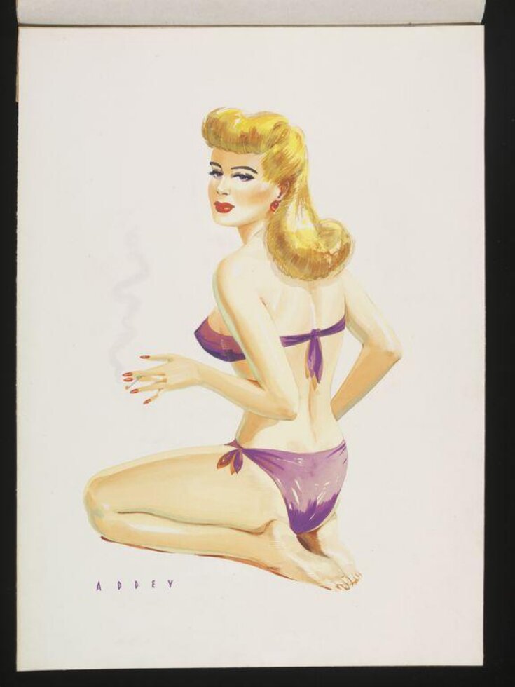 'Pin-up' wearing a purple bikini and smoking a cigarette top image