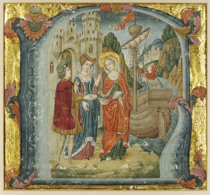 Historiated initial showing a female saint about to board on a boat top image