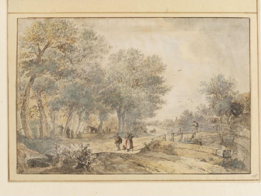 Figures on a tree-lined road along the bank of a canal (18th century) by Karel la Fargue