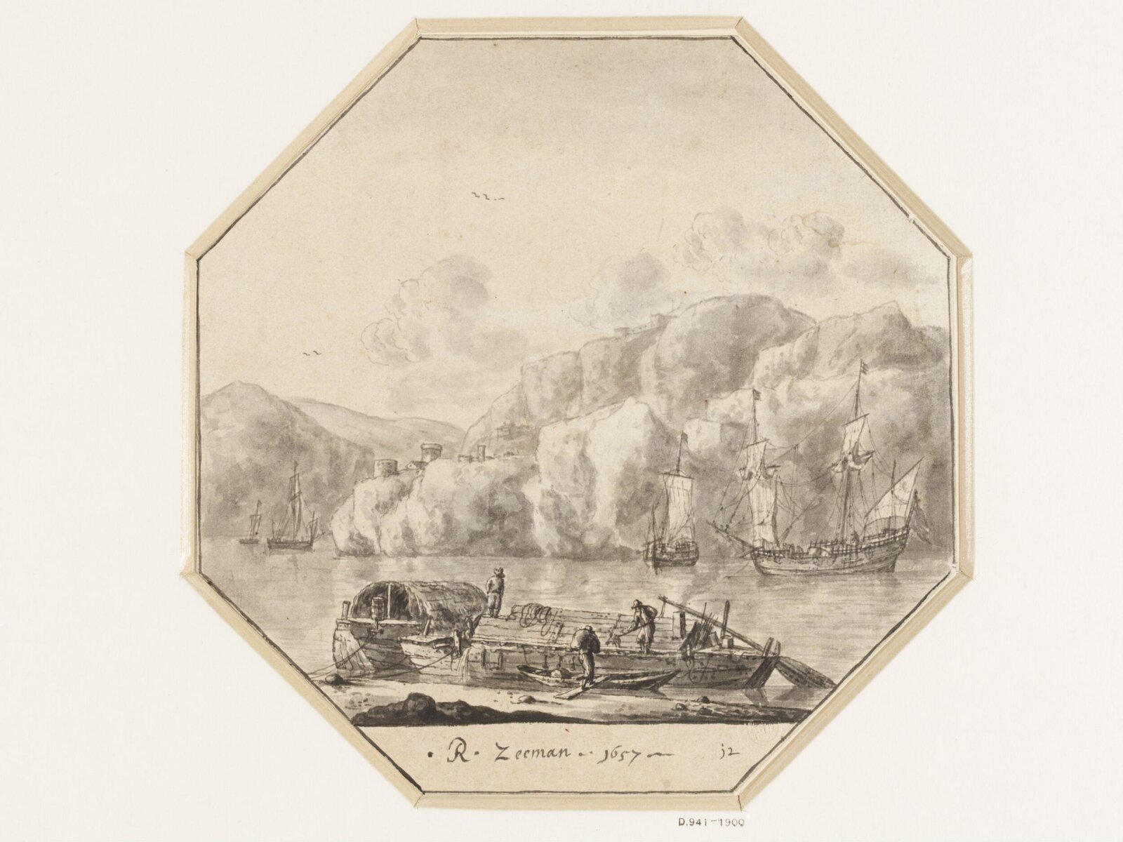 Imaginary Rhineland View with Figures Unloading Barges, Renier Nooms, 17th century