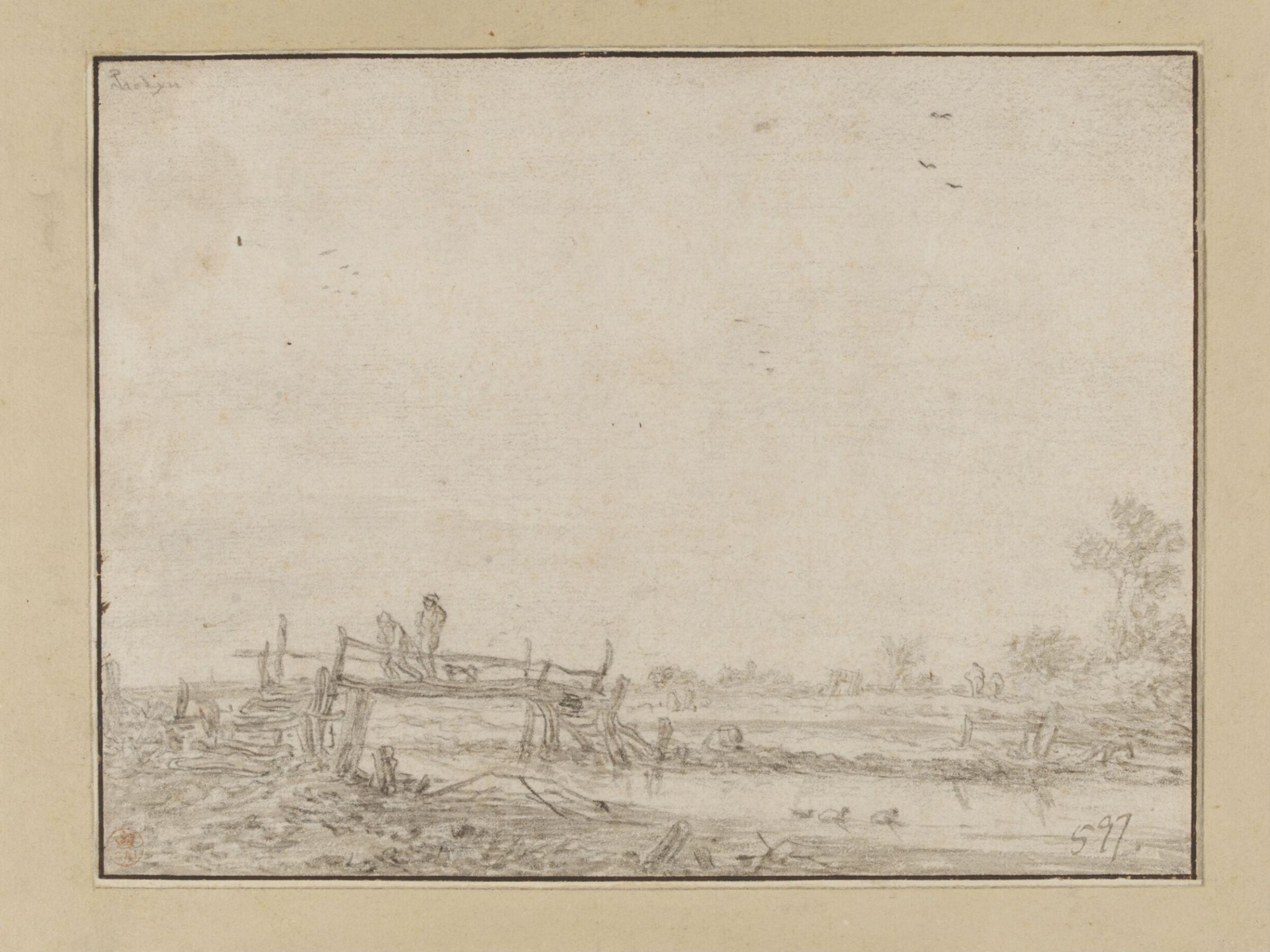 Canal Scene With Two Figures and a Dog Crossing a Wooden Footbridge, Pieter Molyn, 17th century
