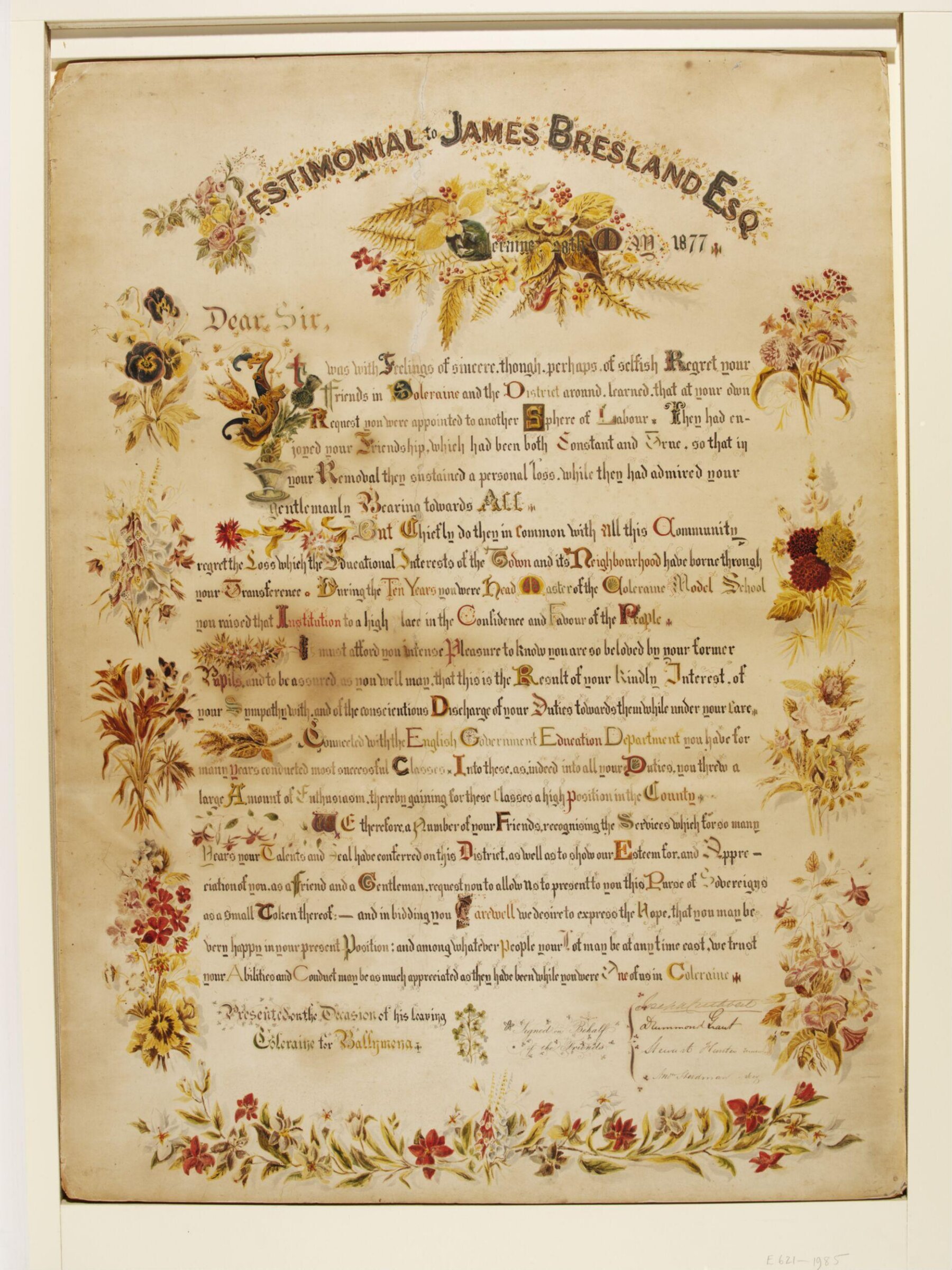 Testimonial to James Bresland, 22 May 1877, Hugh Thomson, 1877