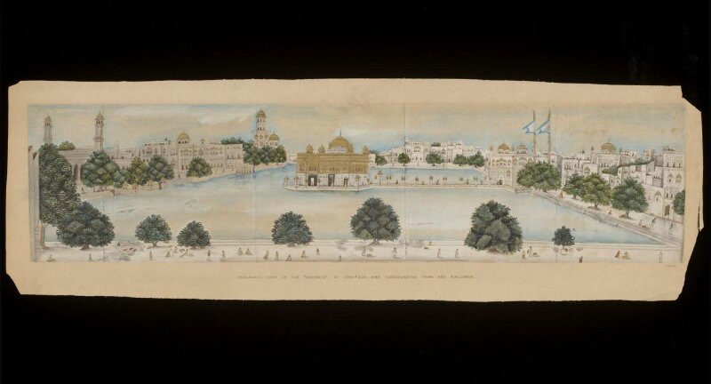 Panoramic view of the Golden Temple, Amritsar, with the surrounding water tank and buildings.