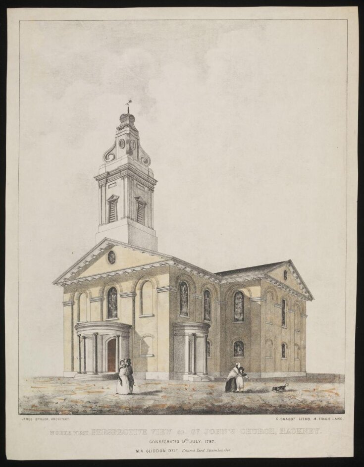 Lithograph, north west perspective view of St. John's Church, Hackney, published December 1841. top image