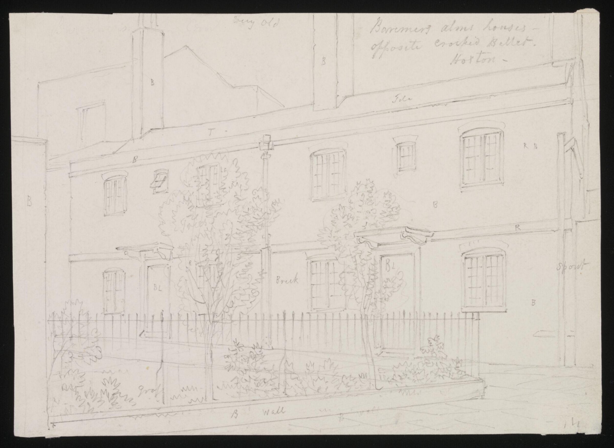 Baremers alms houses - opposite Crooked Billet, Hoxton, Thomas Hosmer Shepherd, ca. 1830