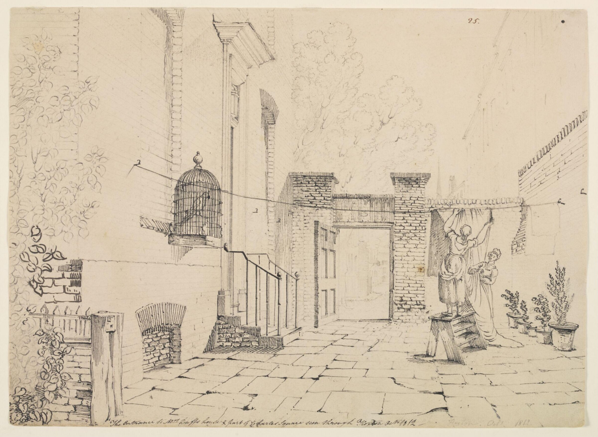 The entrance to Mrs Duff's house and part of Charles Square seen through. Hoxton Octr 1812, John Claude Nattes, October 1812