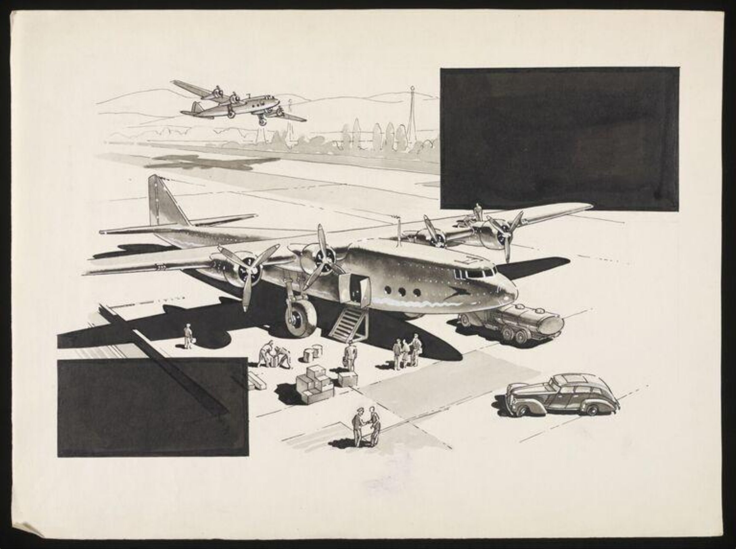 A Plane on a runway being loaded with luggage before a flight, Wilfrid R. Addey, late 1940s