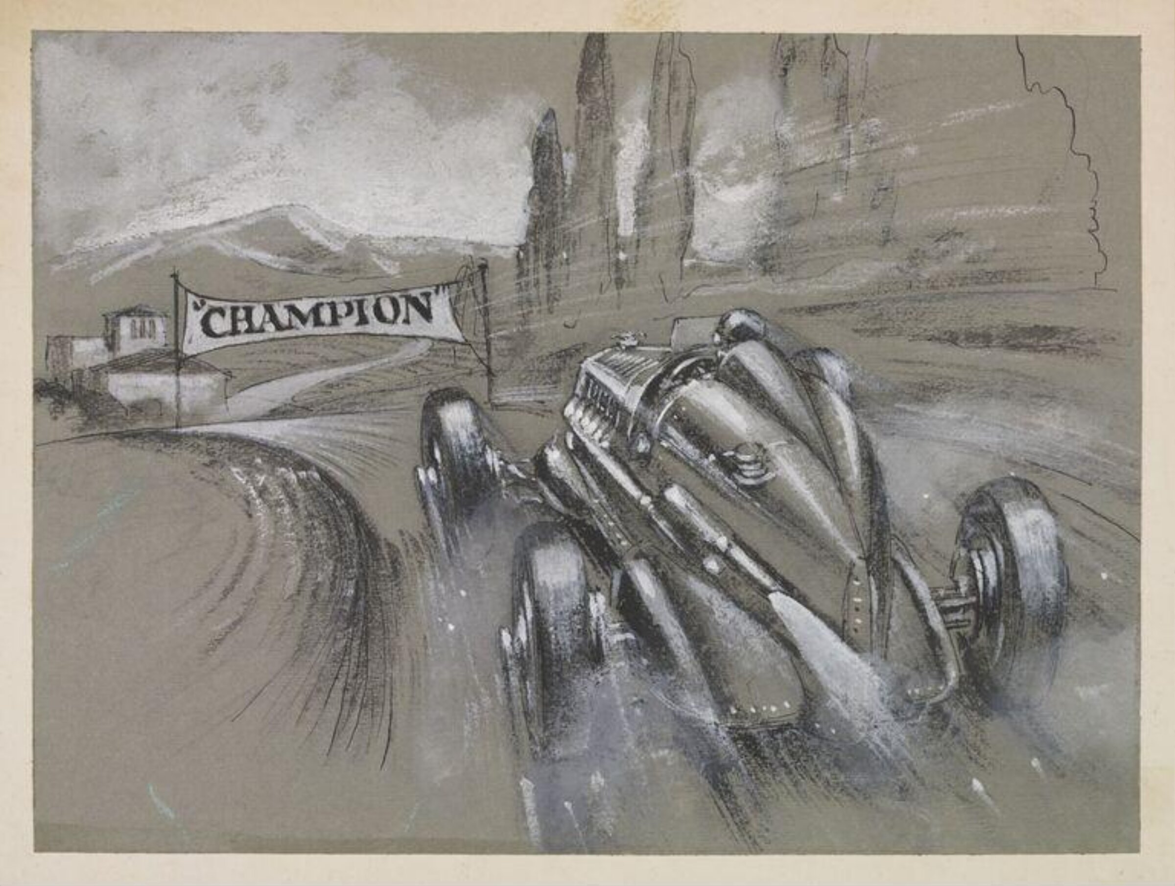 A Racing car coming through the finish line, Wilfrid R. Addey, late 1940s