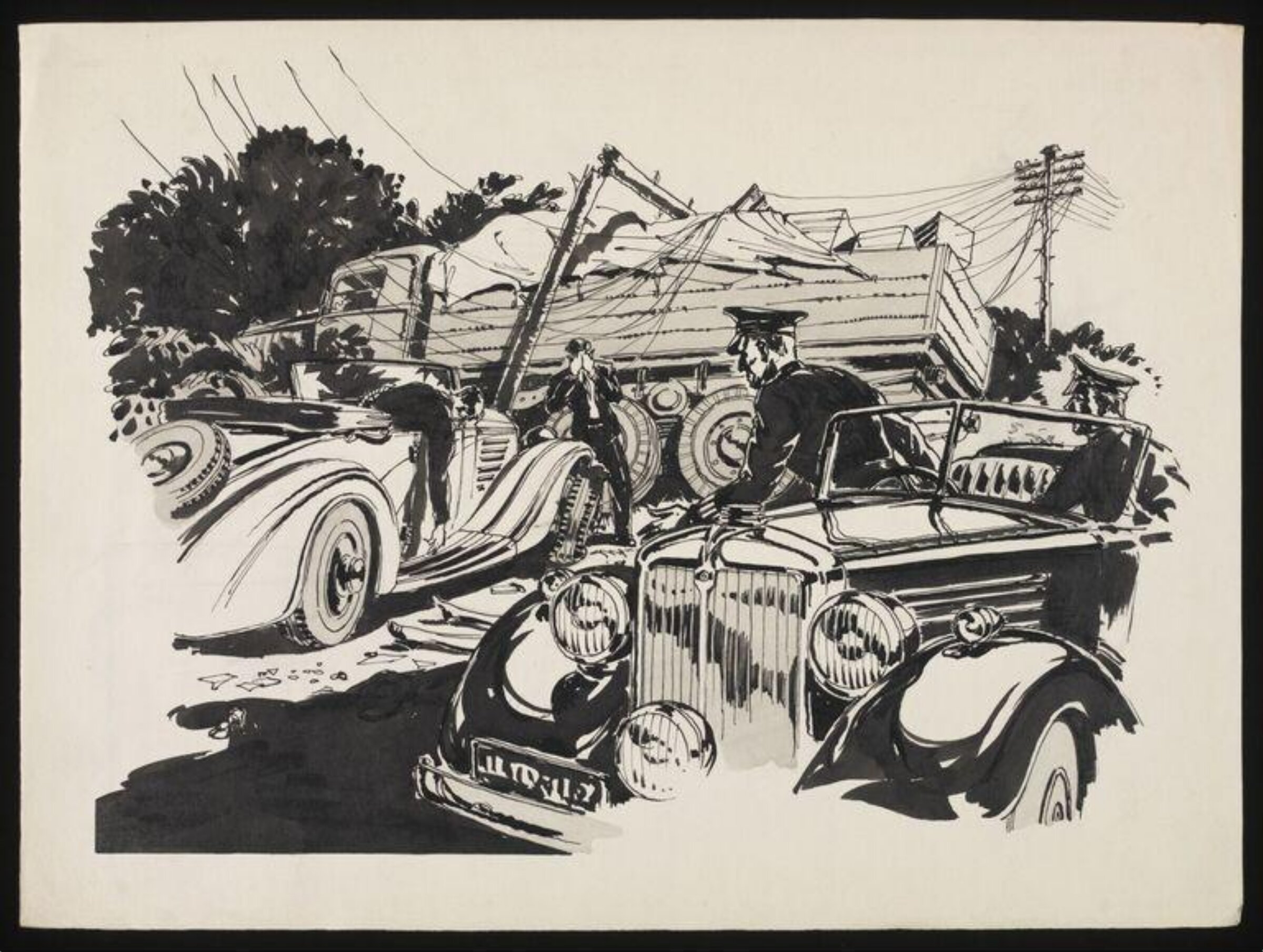 Police arriving at the scene of a car crash, Wilfrid R. Addey, late 1940s