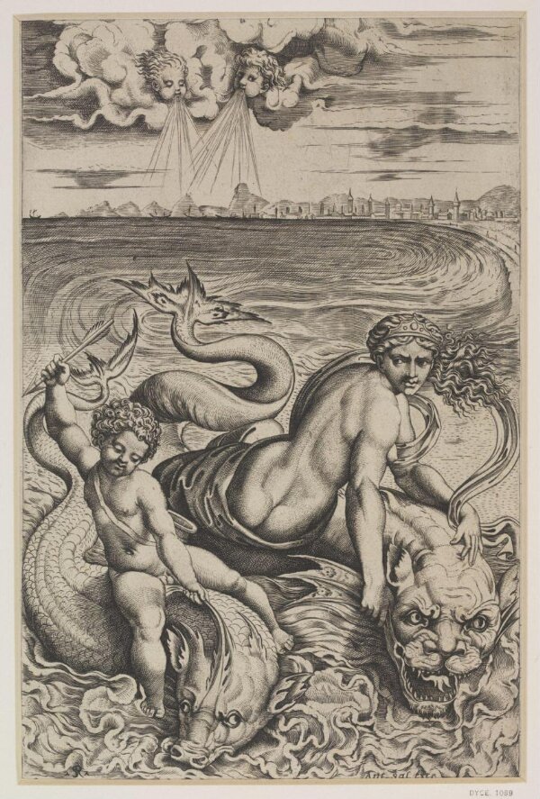 Cupid on a shell,1920FRANCE.カタツムリに乗った天使 Venus and Cupid on the Sea Riding on Dolphins | Raphael | Dente
