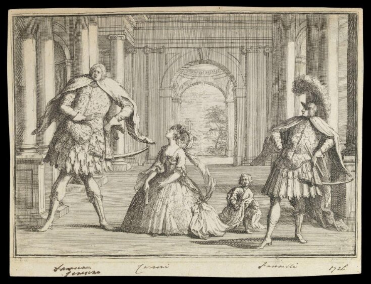 Gaetano Berenstadt as Flavio, Francesca Cassini as Emilia and Francesco Bernadi, or Senesino, in Handel's opera Flavio, King's Theatre Haymarket, 14 May 1723 top image