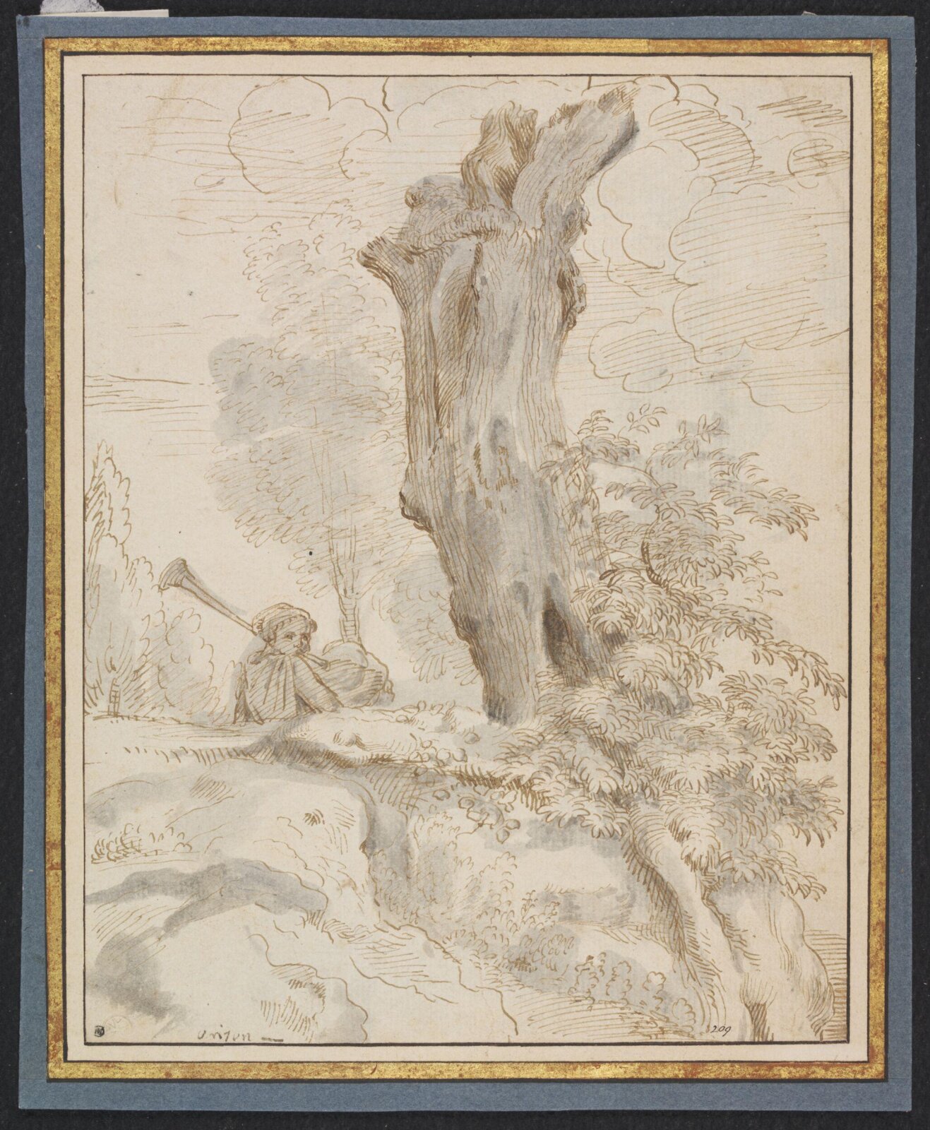 A Man Playing a Bagpipe Walking Beside a Large Tree Trunk in a Landscape, late 17th century