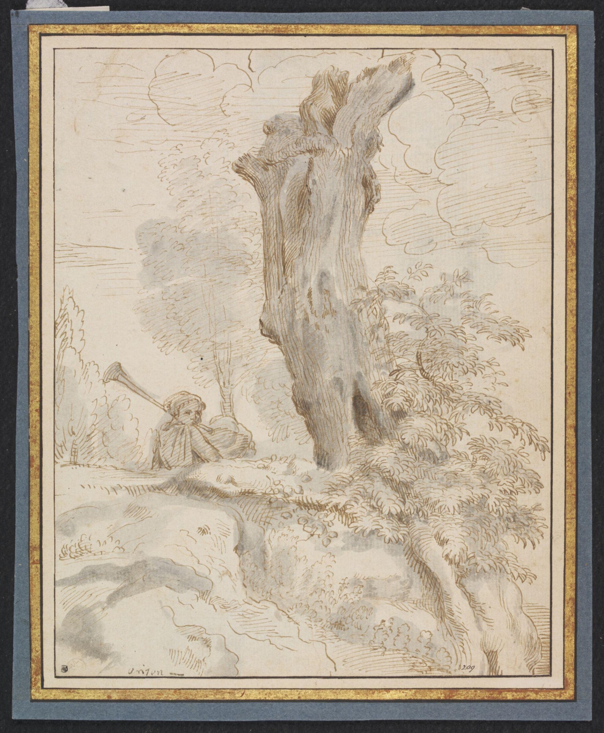 A Man Playing a Bagpipe Walking Beside a Large Tree Trunk in a Landscape, late 17th century