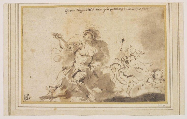 Mars seated, with one arm raised, three Cupids on the right play with his spear top image