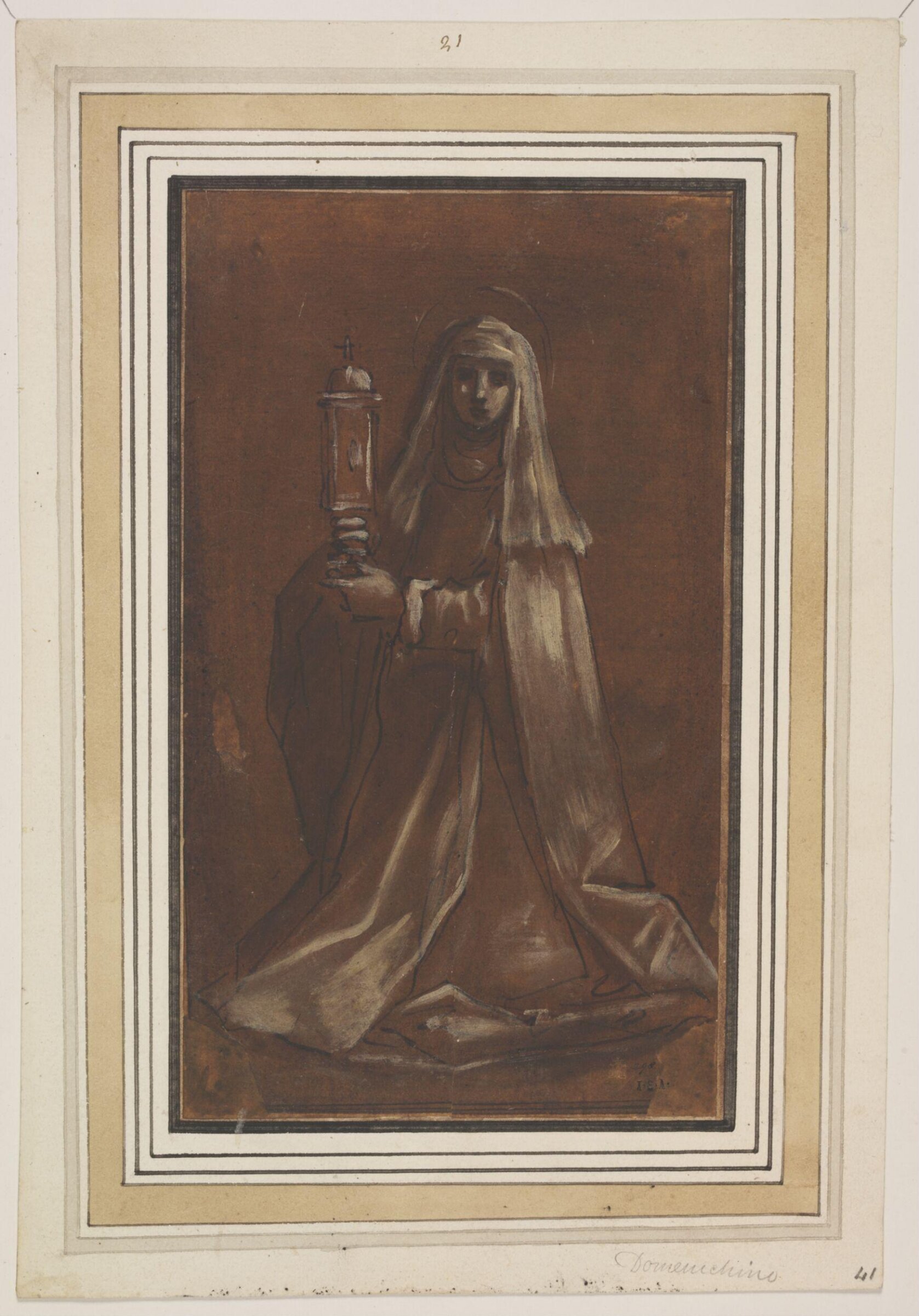St Clare of Assisi, kneeling and holding a monstrance, Giacomo Cavedone, first half of the 17th century