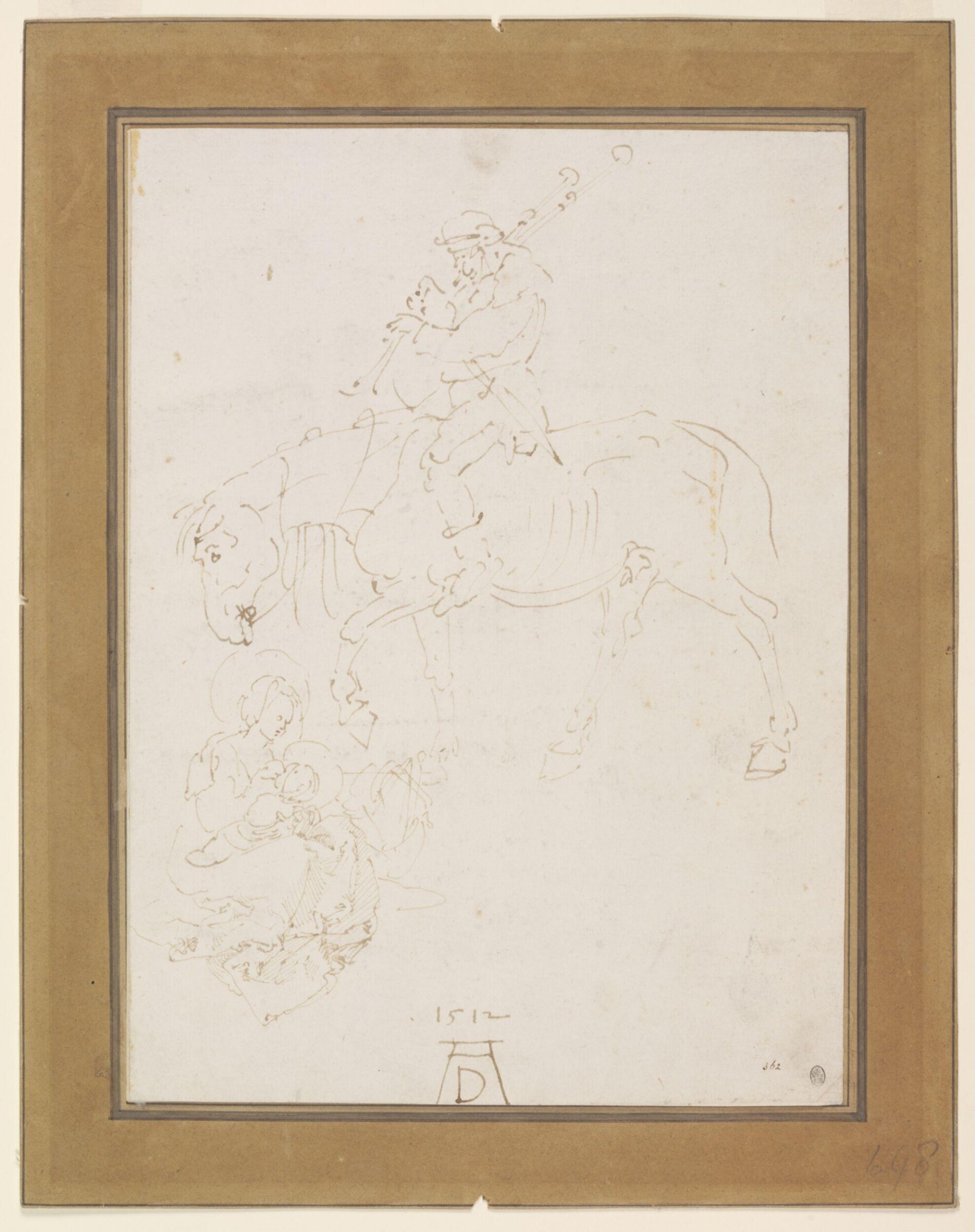 Madonna and Child with Cradle and a Bagpiper on Horseback, Albrecht Dürer, ca.1512