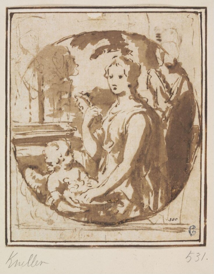 Historiated Portrait of a Woman as Venus with Cupid top image