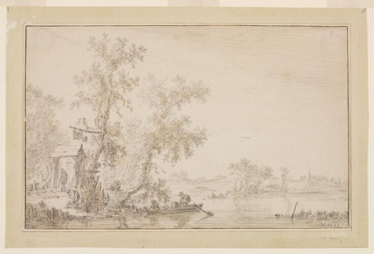 River Scene with Two Peasants Mooring a Boat Near the Entrance to an Inn