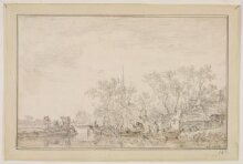 River Scene with Cottages, Peasants in Boats and Three Cows on a Promontory thumbnail 1