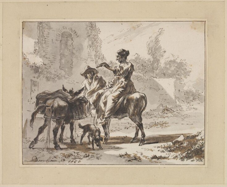 A mounted Shepherdess, Standing Shepherd, Urinating Donkey and a Dog Resting Near a Trough in an Italianate Landscape with Ruins top image