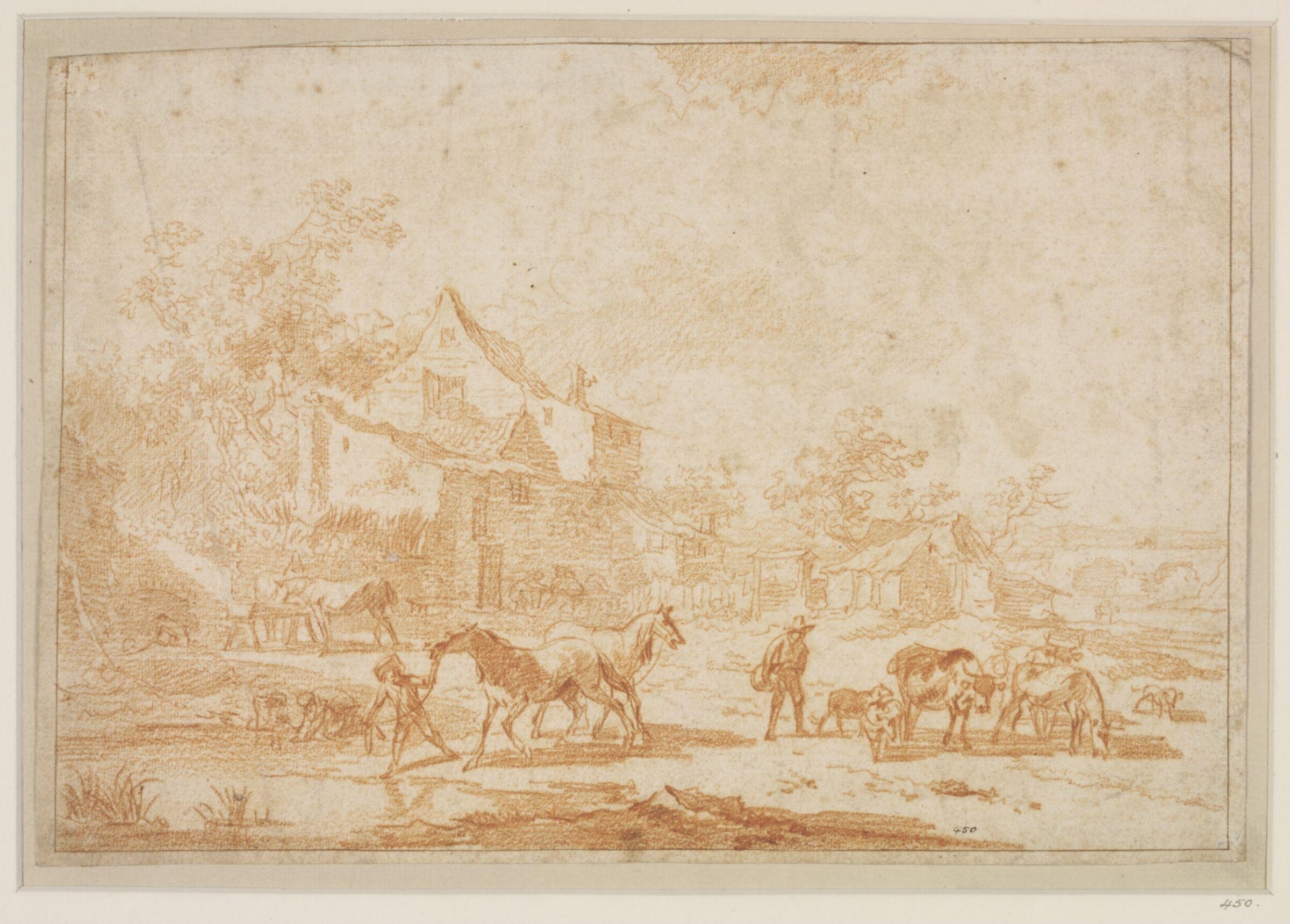 Italianate landscape with horses and cattle drinking in a farmyard, Nicolaes Berchem the Elder, ca.1660-1663