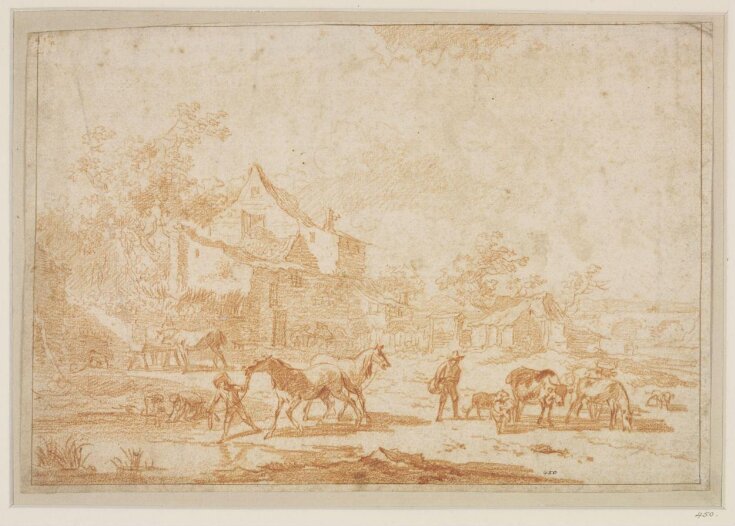 Italianate landscape with horses and cattle drinking in a farmyard top image
