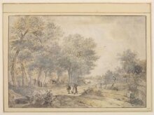 Figures on a tree-lined road along the bank of a canal thumbnail 1