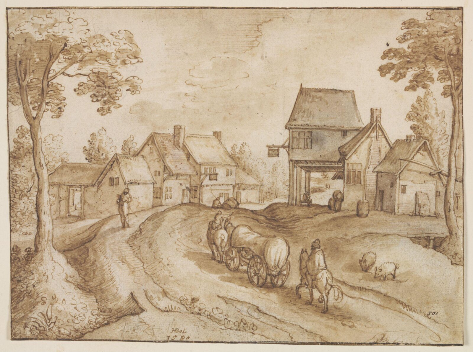 A Covered Wagon Traversing a Road Between Two Inns, Hans Bol, 1580